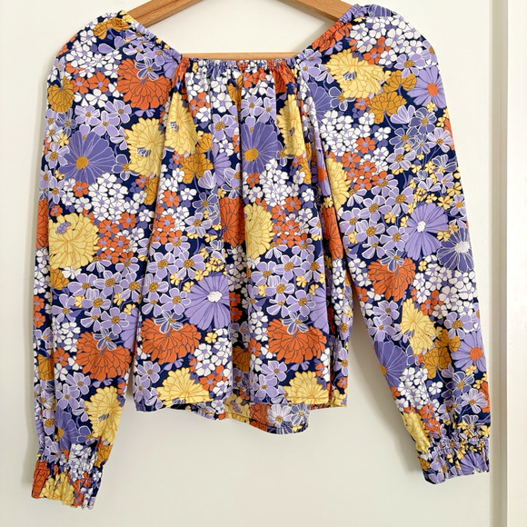 J Crew Crewcuts Girls L Cotton Squareneck Puff-Sleeve Floral Top Retro Preppy - Picture 5 of 8